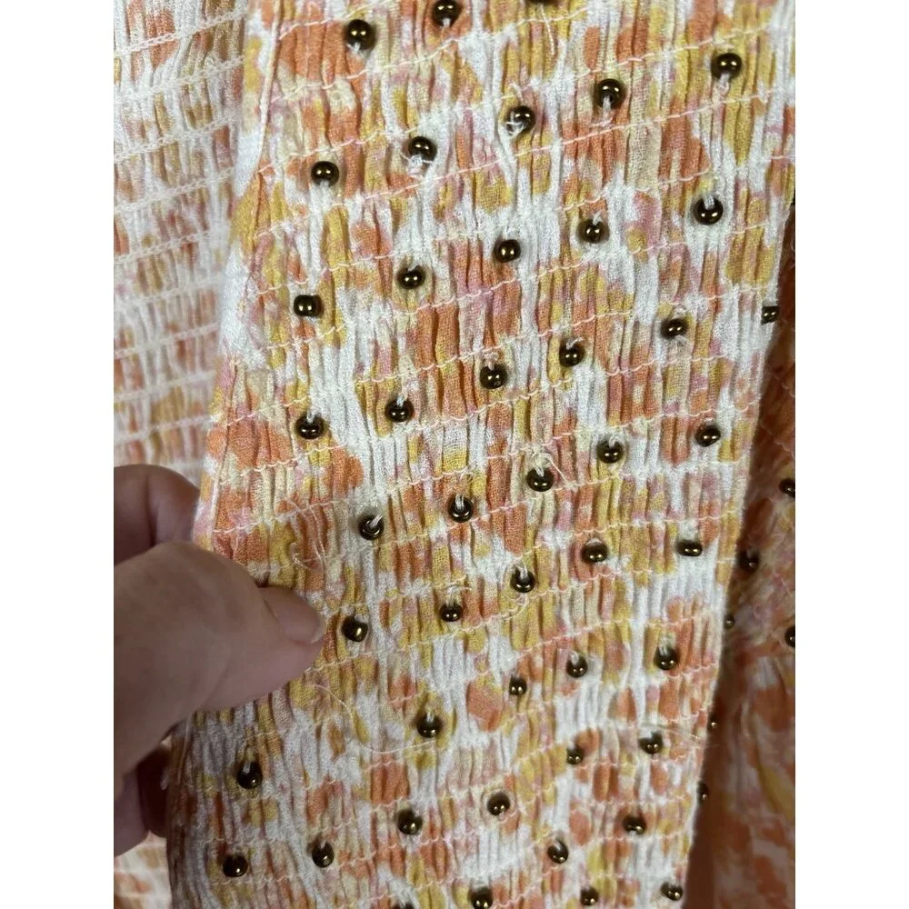 Free People x Intimately Kadence Robe Womens XS Beaded Smocked Maxi Duster Boho - Picture 8 of 9